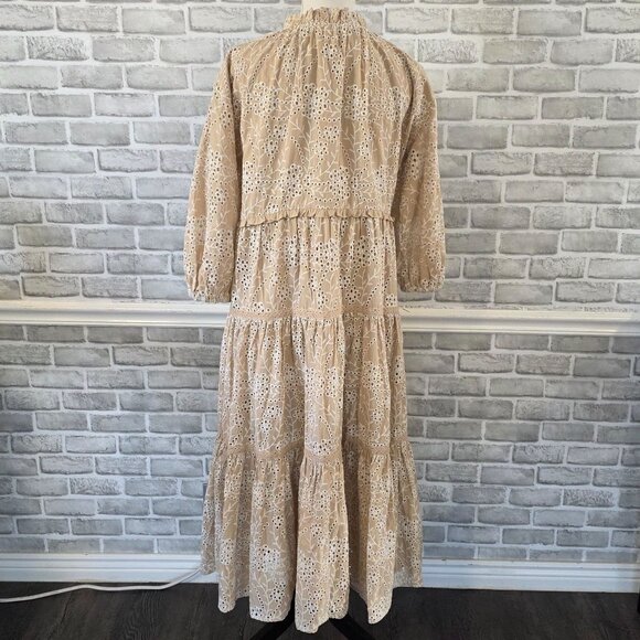 Chicos Cotton Eyelet Tiered Maxi Dress Long Bishop Sleeve Cottage Prairie Med - Picture 4 of 9